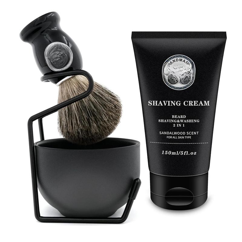 5 in 1 Shaving Kit for Wet Shave, Set Includes Hand Crafted Pure Badger Shave Brush, Stainless Steel Lathering Soap Bowl, Shave Brush Stand, Shaving Cream, Best Gift for Bearded Man, Deluxe Black