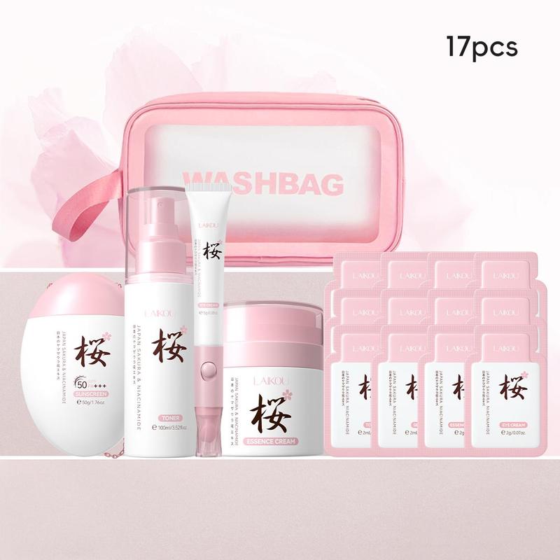 Sakura Skin Care Kit, 17pcs set Toner & Cream & Sunscreen & Eye Cream & Makeup Bag & Experience Pack, Portable Skin Care Kit for Women