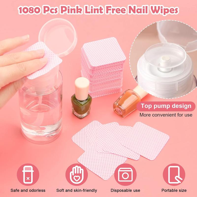 1080 + 3 Pcs Lint Free Nail Wipes Kit, Disposable Nail Polish Remover Pads Non-Woven Nails Eyelash Extensions Wipes, Nail Polish Remover Wipes with 200 ML Bottle, 2 Pcs Cuticle Pusher (Pink)