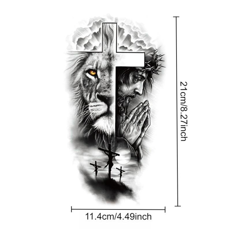 Cross & Lion Pattern Long Lasting Temporary Tattoo, 6 Counts set Waterproof Body Art Fake Tattoo Sticker, Realistic Beauty & Personal Care Tattoo for Women & Men, Christmas Gift