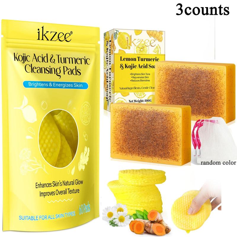 Lemon Turmeric & Kojic Acid Soap & Cleansing Pads Set, 3 Counts set Facial & Body Care Set, Skin Looks Visibly Revitalized, Enhances Skin Natural Glow