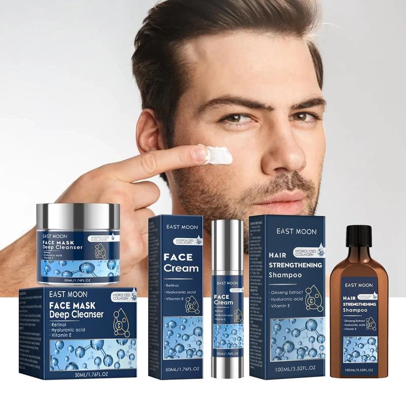 Men's Face Skin Care Set, 3 Counts set Moisturizing Face Cleaner, Hydrating Face Cream, Hair Shampoo, Body Skin Care Product for Men