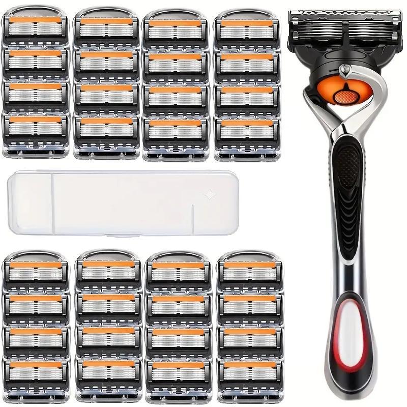 Men's 5 Layer Blade Razor Set, 1 Set Manual Razor with Blades for Christmas Gift, Smooth Beard Shaver, Great for Men's Barber Shop Salon Home Use, Holiday Gift