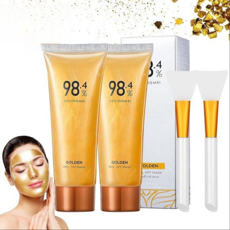 Moisturizing Peel Off Mask Set, 2 Counts Golden Facial Masks with 2 Counts Brush, Deep Cleansing Facial Skin Care Products for Women