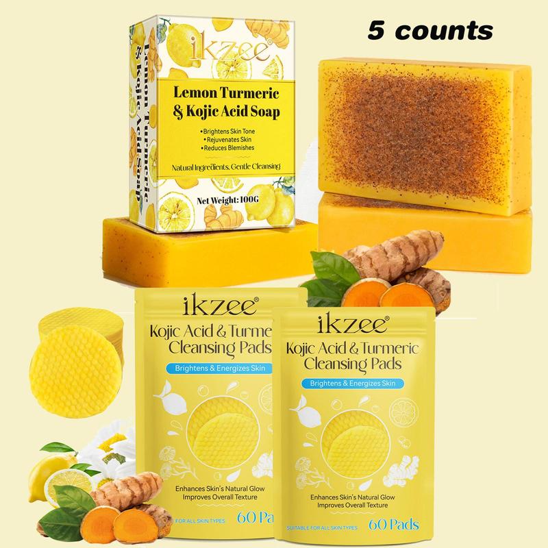 Lemon Turmeric Kojic Acid Soap and Cleansing Pads Set, Deep Cleansing, Exfoliating and Brightening Soap, Face & Body Care Product for Women and Men