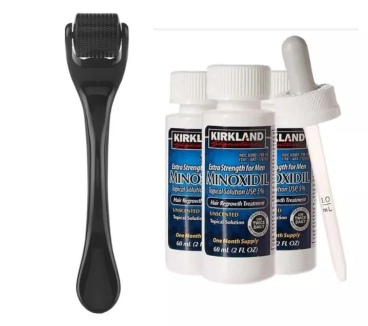 Kirkland Minoxidil 5% Extra Strength Men Hair Regrowth Loss Topical Solution with derma roller