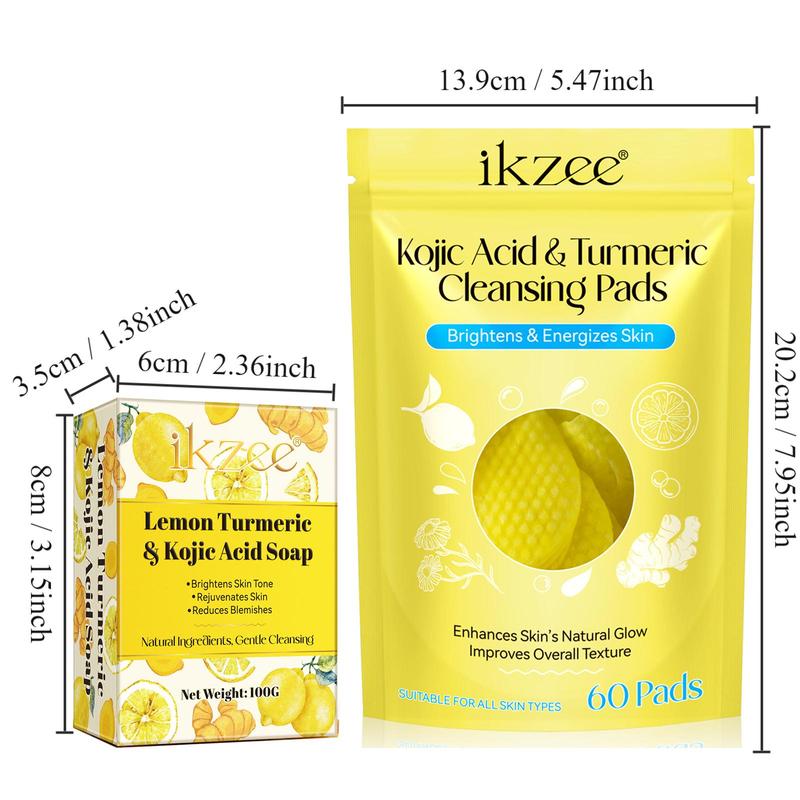 Lemon Turmeric & Kojic Acid Soap & Cleansing Pads Set, 3 Counts set Facial & Body Care Set, Skin Looks Visibly Revitalized, Enhances Skin Natural Glow