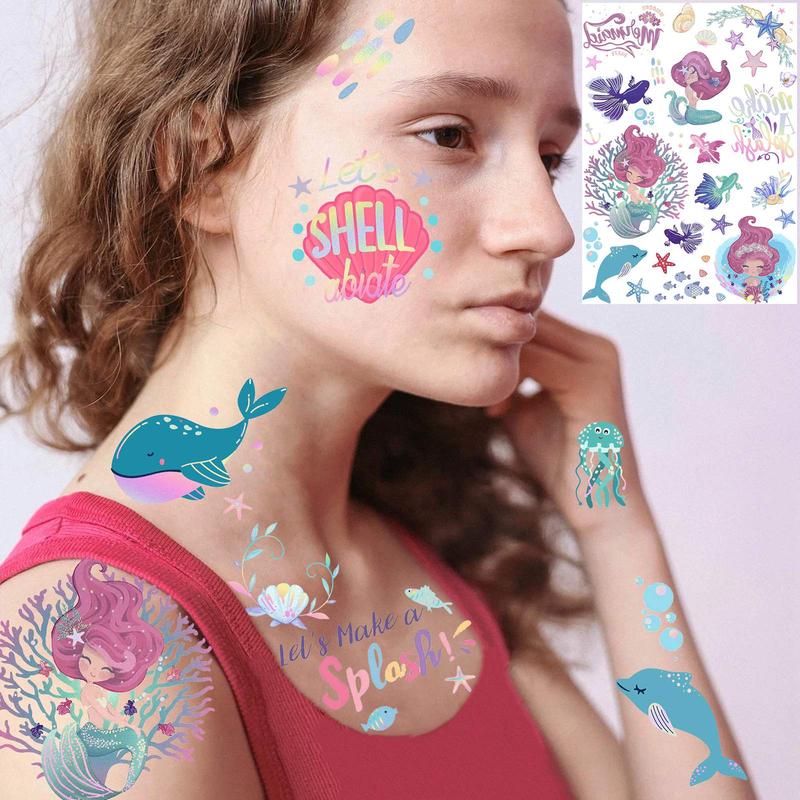 Cartoon Mermaid Pattern Temporary Tattoo Sticker, 96pcs set  Funny Waterproof Fake Tattoo Sticker, Body Art Sticker for Kids & Adults