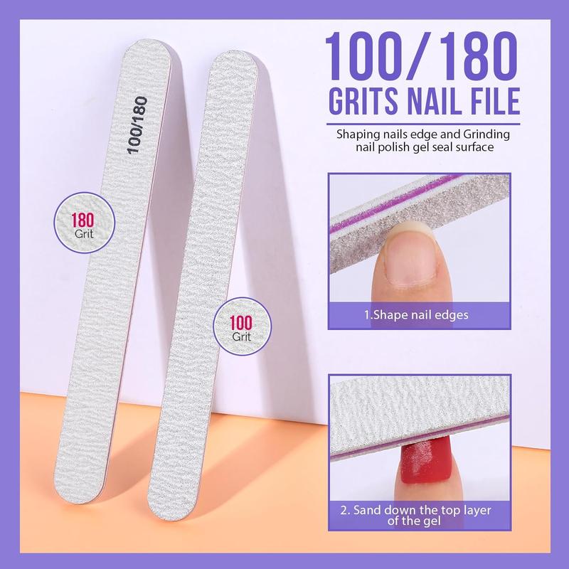 Nail Polish Gel Remover Tools Kit with Nail Clips Nail Remover Pads Cuticle Pusher Nail Brushes Nail File Grits 120 180 Buffer Block Grits 400 4000, 6 Pack Purple