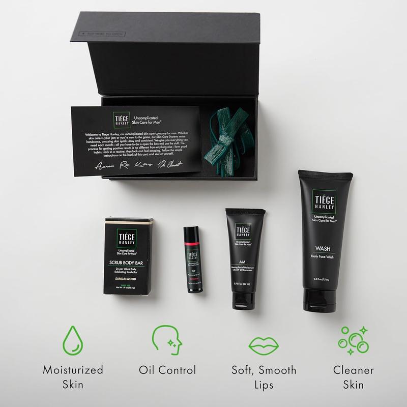 Tiege Hanley Mens Skin Care Gift Box Set, Bronze - Men's Skincare Set Includes Daily Face Wash, Morning Facial Moisturizer with SPF 20 Sunscreen, Body Exfoliating Scrub Bar, & Moisturizing Lip Balm