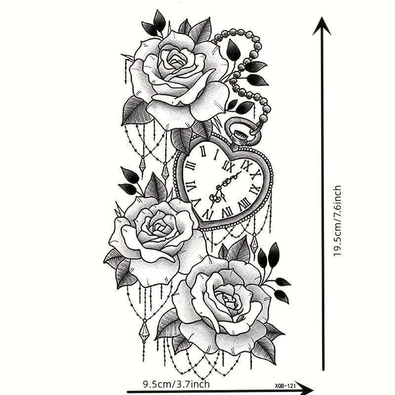 Rose & Clock Pattern Temporary Tattoo Sticker, 1 Count Waterproof Fake Tattoo Decals for Arms, Neck, Ankle, Legs, Body Art Stickers for Women & Men, Body Art Decoration