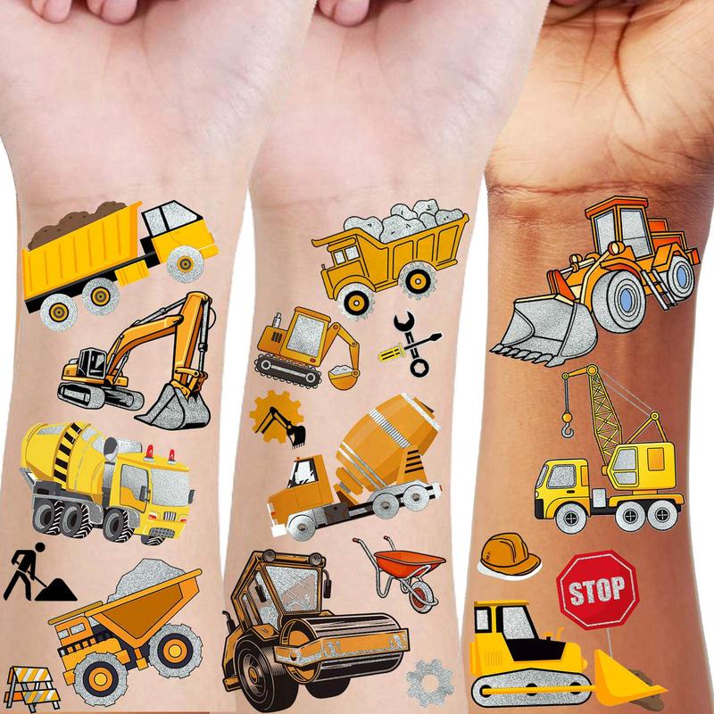 Groovy Excavator Cars Pattern Temporary Tattoo Sticker, 4 Counts set Children's Fake Tattoo Sticker, Body Art Sticker for Boys & Girls