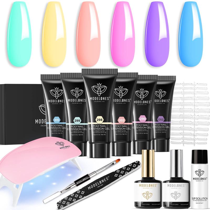 Modelones 13Pcs Poly Nail Extension Gel Kit, 6 Colors 15g Builder Extension Gel with Mini Nail Lamp brush Slip Solution Rhinestone Nail Manicure All-in-One Kit French Nail Beginner Kit birthday Gift nail care home DIY gel-x 2024 new gelx