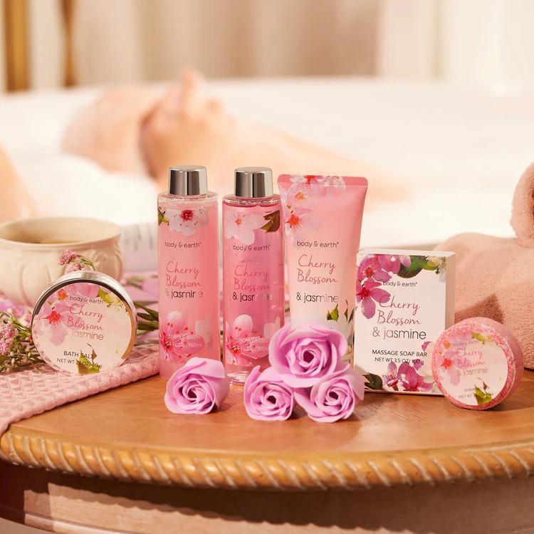 Cherry Blossom & Jasmine Scent Spa Bathtub Set Vitamin E Shower Kit Body Care Luxury Moisturizing Nourishing Comfort, Self Care Bundles, Bath and Body Care Products, Gifts For Her Girlfriend Wife Mom Fragrance Cosmetics Skin Care Moisture