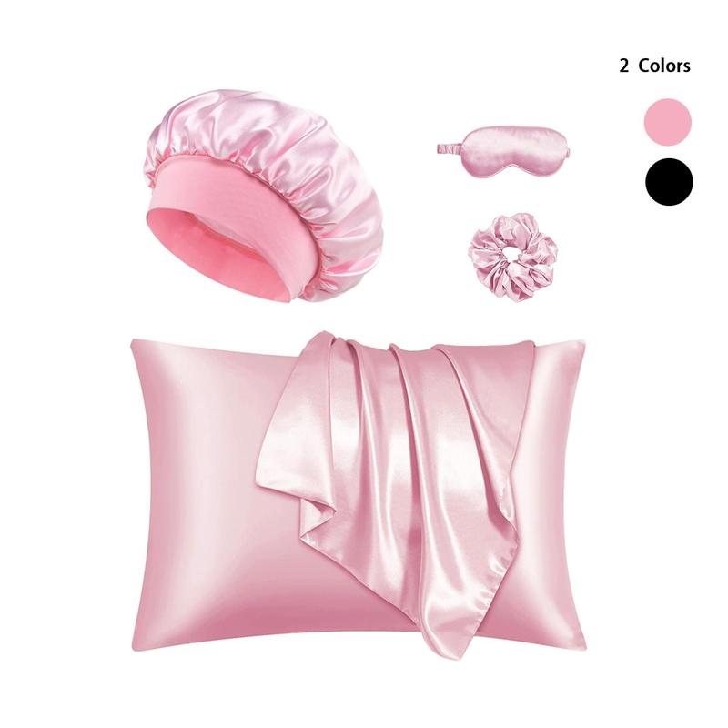 Solid Color Sleeping Eye Mask Set, Including 1 Count Sleeping Eye Cover & 1 Count Hair Tie & 1 Count Shower Cap & 2 Counts Pillowcase, Bedding Room Accessories for Home, Christmas Gift