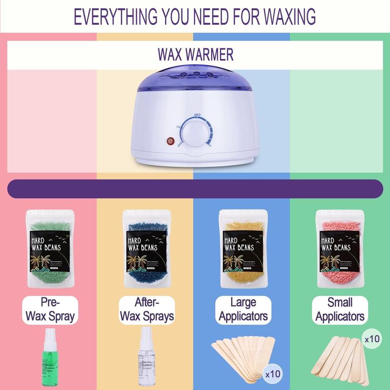 Hair Removal Kit for Men & Women, 1 Count Wax Warmer & 4 Packs Wax Beads, 20pcs Large & Small Wooden Sticks, 2 Counts Pre-wax & Post-wax Cleaning Spray, Waxing Kits, Waxing Kit at Home