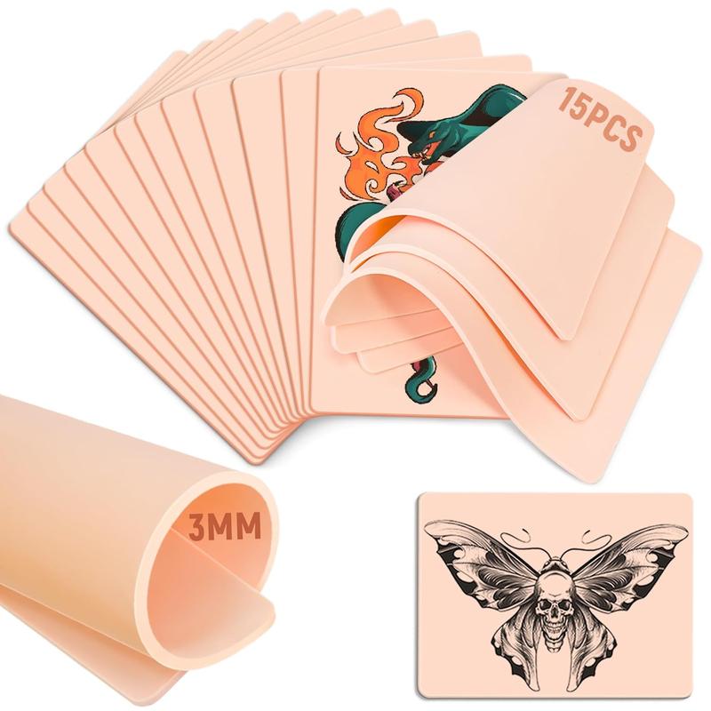 3mm Tattoo Fake Skin, 15Pcs Pure Silicone Tattoos Practice Skin, Double Sides Real Thick Feeling Soft Tattoo Skins, Tattooing Microblading Eyebrow Lip Practice or Display for Beginners