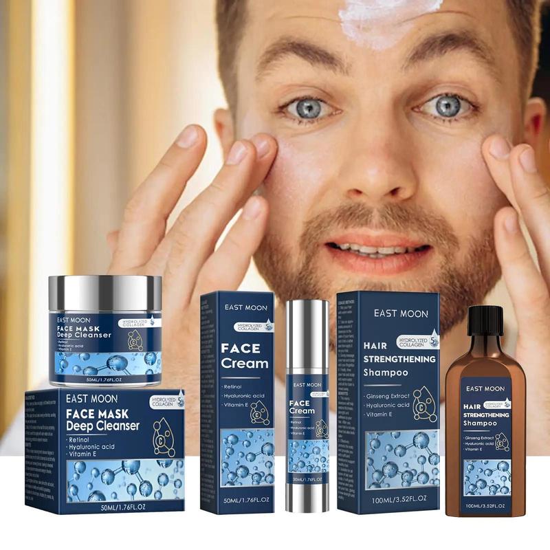 Men's Face Skin Care Set, 3 Counts set Moisturizing Face Cleaner, Hydrating Face Cream, Hair Shampoo, Body Skin Care Product for Men