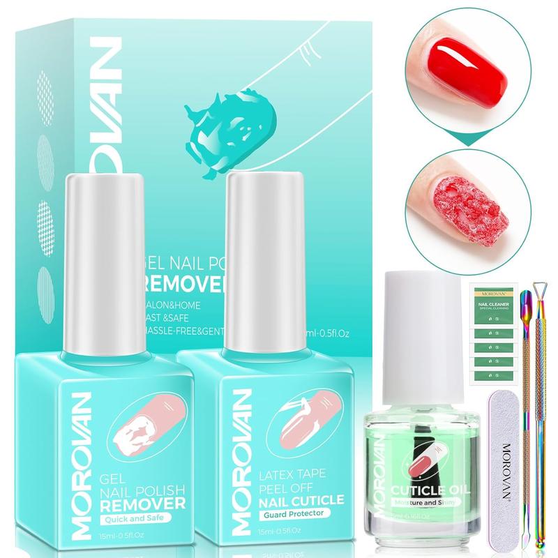 Gel Polish Remover Kit - Gel Nail Polish Remover Set with Latex Tape Peel Off Liquid with Cuticle Pusher Peeler Cuticle Oil Nail File Cleaner Quick & Easy No Need for Foil Soaking Or Wrapping