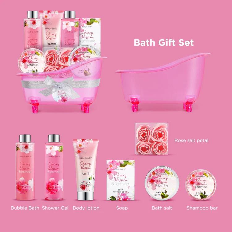 Cherry Blossom & Jasmine Scent Spa Bathtub Set Vitamin E Shower Kit Body Care Luxury Moisturizing Nourishing Comfort, Self Care Bundles, Bath and Body Care Products, Gifts For Her Girlfriend Wife Mom Fragrance Cosmetics Skin Care Moisture