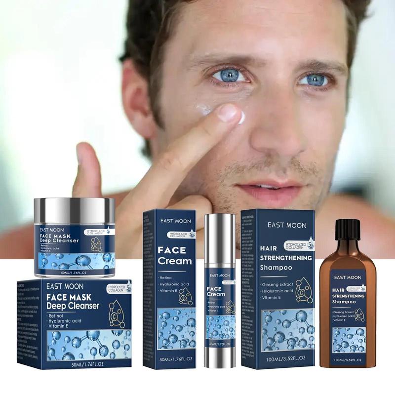 Men's Face Skin Care Set, 3 Counts set Moisturizing Face Cleaner, Hydrating Face Cream, Hair Shampoo, Body Skin Care Product for Men