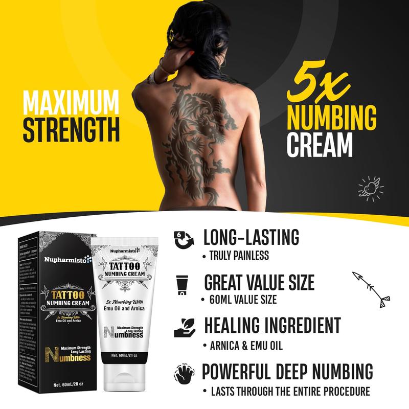 6 Hours Maximum Strength Numbing Cream Tattoo (2oz  60ml), Painless Tattoo Numbing Cream,with 5x Numbing, Emu Oil and Arnica. 2oz  60ml Cosmetics