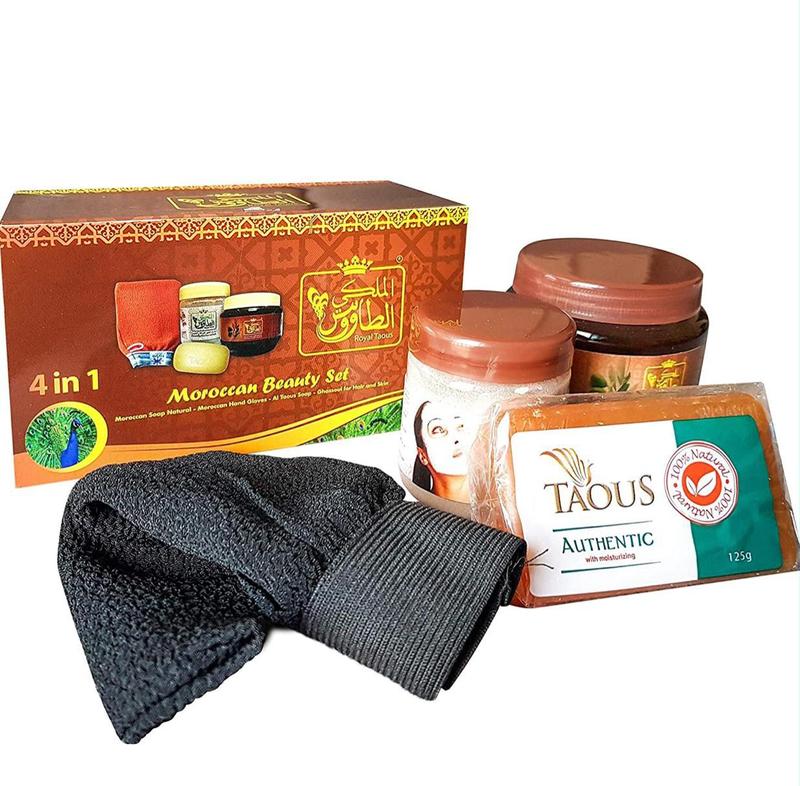 Royal Taous | Morrocan Beauty Set [4 in 1] - Moroccan Soap Natural + Taous Soap + Ghasoul for Hair & Skin + Hand Gloves