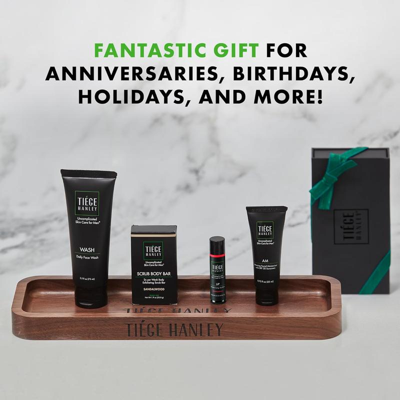 Tiege Hanley Mens Skin Care Gift Box Set, Bronze - Men's Skincare Set Includes Daily Face Wash, Morning Facial Moisturizer with SPF 20 Sunscreen, Body Exfoliating Scrub Bar, & Moisturizing Lip Balm