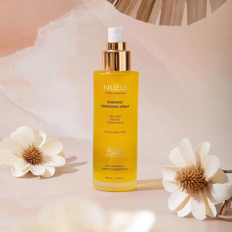 NUELE Radiant Finishing Spray A nutrient rich, nourishing, lightweight oil that enhances color, shine, softness, and reduces flyaways and frizz.