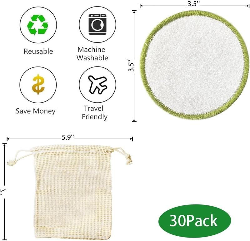 30 Pack Reusable Makeup Removal Pads -30 Pack White Reusable Cotton Rounds with Laundry Bag - Soft Black Reusable Cotton Makeup Remover Pads for Face Pads (Green) Cosmetic