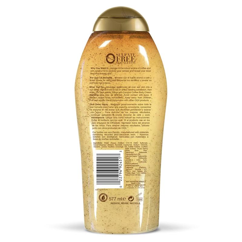 OGX Smoothing + Coconut Coffee Exfoliating Body Scrub with Arabica Coffee & Coconut Oil, Moisturizing Body Wash for Dry Skin, Paraben-Free with Sulfate-Free Surfactants, 19.5 Fl Oz OGX