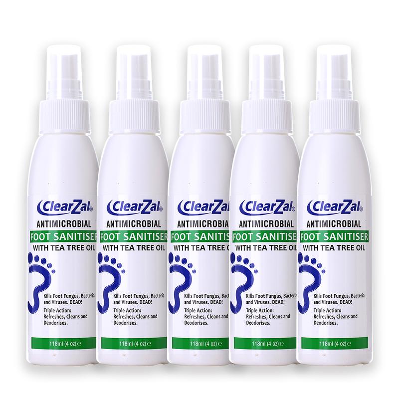 ClearZal Foot Sanitizer Spray with Tea Tree Oil, 4-Ounce 5 pieces Bottle Long-lasting disinfectant and antibacterial spray Long-lasting antibacterial effect to keep fresh  Tinea pedis, fungal infection, burning, itching, dandruff