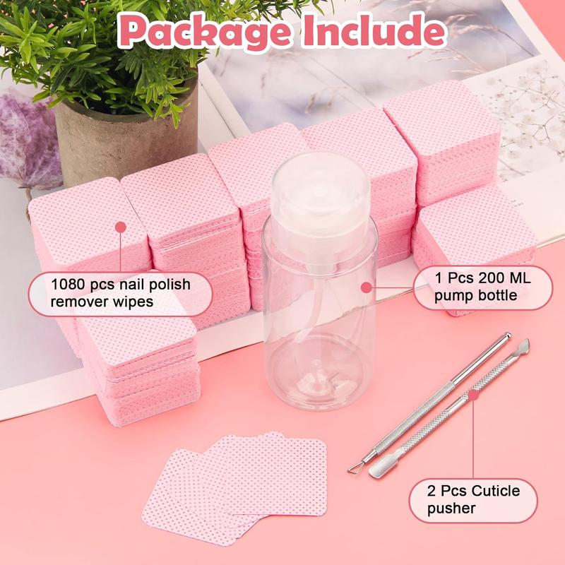 1080 + 3 Pcs Lint Free Nail Wipes Kit, Disposable Nail Polish Remover Pads Non-Woven Nails Eyelash Extensions Wipes, Nail Polish Remover Wipes with 200 ML Bottle, 2 Pcs Cuticle Pusher (Pink)