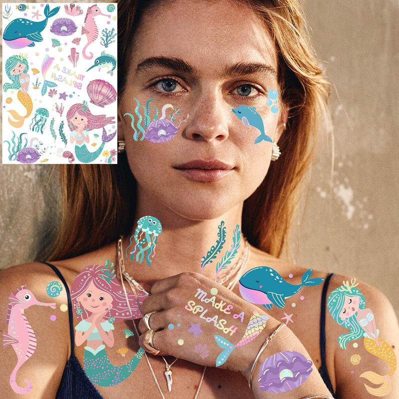 Cartoon Mermaid Pattern Temporary Tattoo Sticker, 96pcs set  Funny Waterproof Fake Tattoo Sticker, Body Art Sticker for Kids & Adults