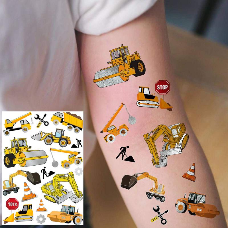 Groovy Excavator Cars Pattern Temporary Tattoo Sticker, 4 Counts set Children's Fake Tattoo Sticker, Body Art Sticker for Boys & Girls