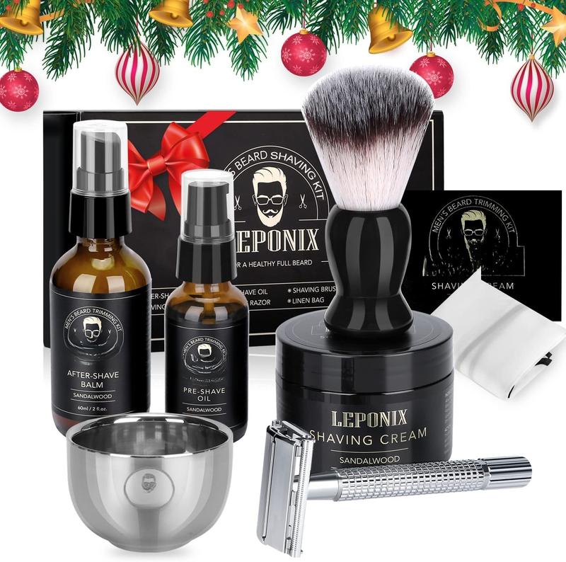 Shaving Kit for Men, Include Safety Razor, Sandalwood Shaving Cream, Mens aftershave, Pre Shave Oil, Shaving Brush and Bowl, Shaving Bib -Unique Gifts for Men Him Stocking Stuffers