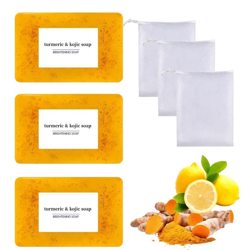 3PCS Turmeric & Kojic Acid Brightening Soap for Body Wash and Facial Cleansing handmade soap Turmeric & Kojic Brightening Soap Set