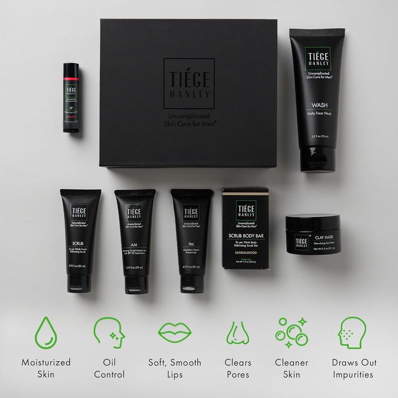 Tiege Hanley Mens Skin Care Gift Box Set, Silver - Men's Skincare Set Includes Daily Face Wash, Morning & Nighttime Facial Moisturizer, Face Clay Mask & Scrub, Body Scrub Bar, & Moisturizing Lip Balm