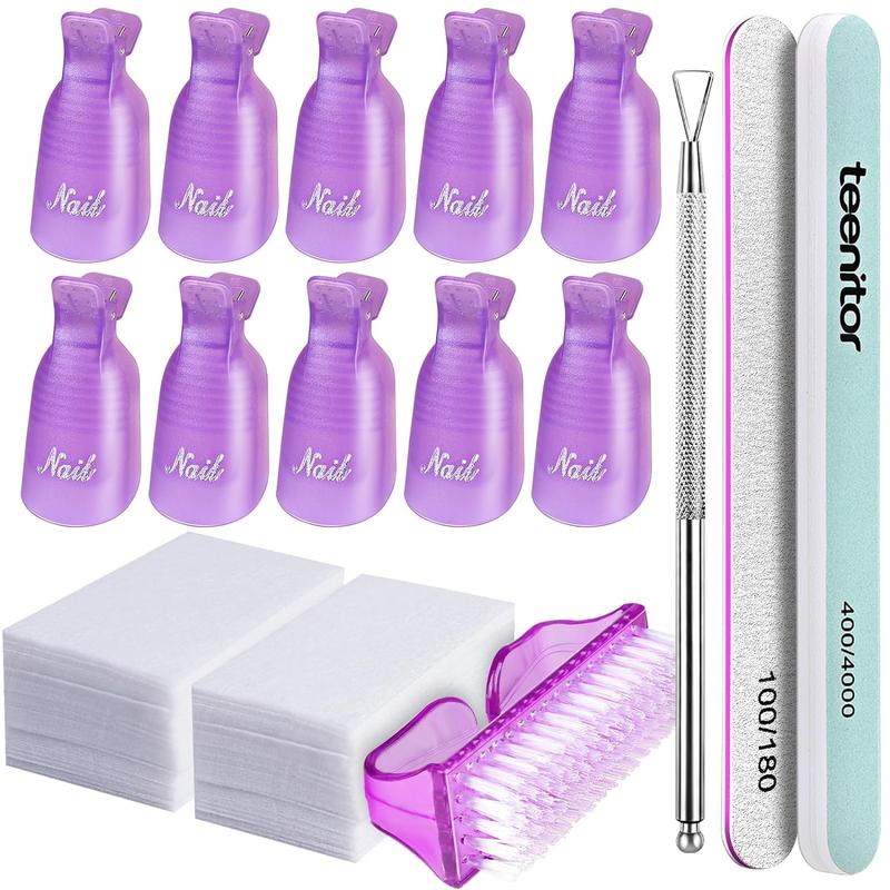 Nail Polish Gel Remover Tools Kit with Nail Clips Nail Remover Pads Cuticle Pusher Nail Brushes Nail File Grits 120 180 Buffer Block Grits 400 4000, 6 Pack Purple