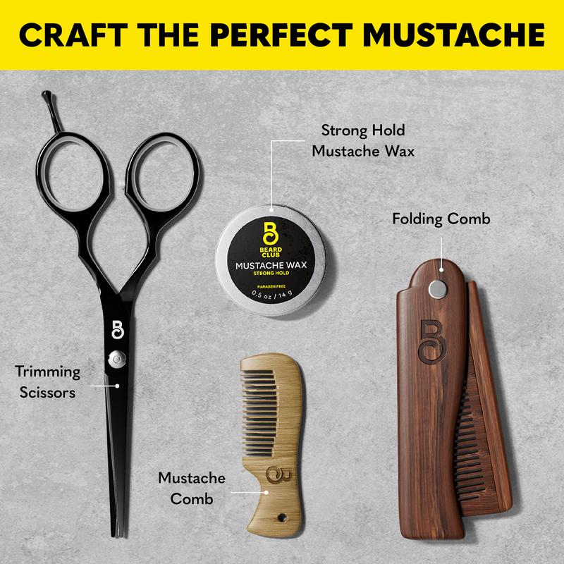 Mustache Care Kit - Beard Club - Mustache Wax with Essential Oils, Coconut Oil, & Shea Butter Plus Trimming Scissors, Mustache & Folding Combs Gift