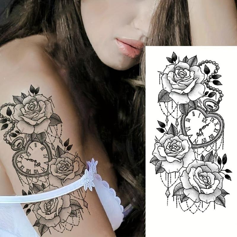 Rose & Clock Pattern Temporary Tattoo Sticker, 1 Count Waterproof Fake Tattoo Decals for Arms, Neck, Ankle, Legs, Body Art Stickers for Women & Men, Body Art Decoration