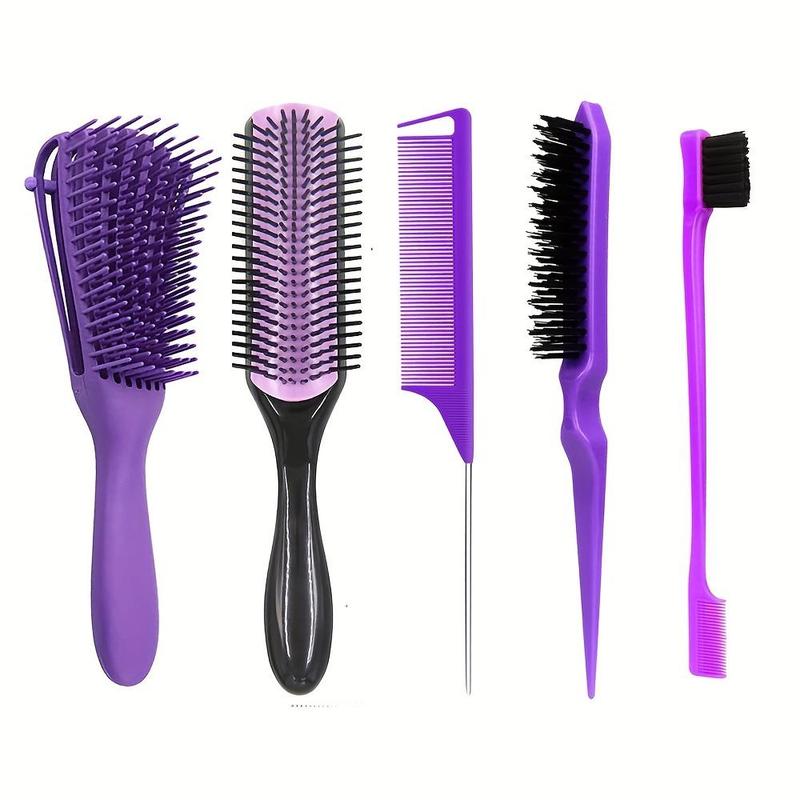 Detangling Brush Set, 5 Counts Hair Styling Comb Set, Including Cushion Nylon Bristle Brush & Rat Tail Comb & Dual Edge Brush & Teasing Brush, Heatless Styling Tools for Home & Salon Use