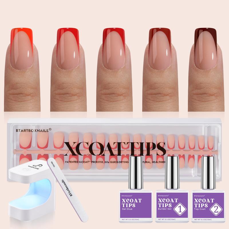 btartboxnails XCOATTIPS French Tip Press on Nails - Red Press On Nails Square, Christmas short Fake Nails, French Protecting Duo, Nail Lamp, All in One Soak Off Acrylic Fake Nail Extension