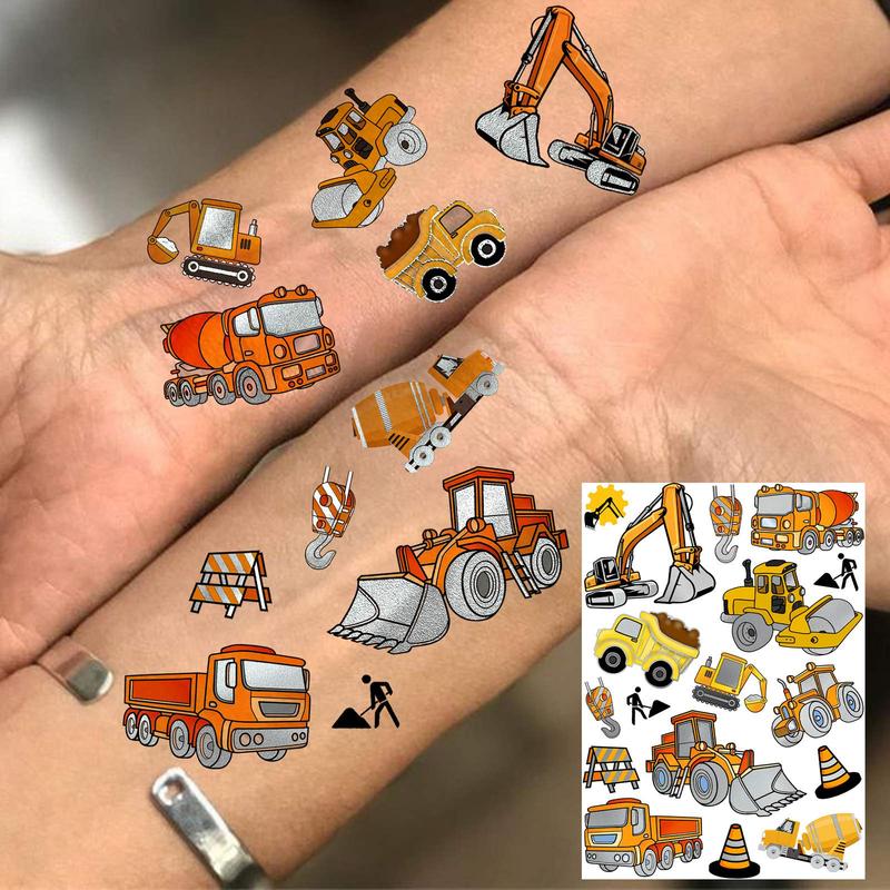 Groovy Excavator Cars Pattern Temporary Tattoo Sticker, 4 Counts set Children's Fake Tattoo Sticker, Body Art Sticker for Boys & Girls