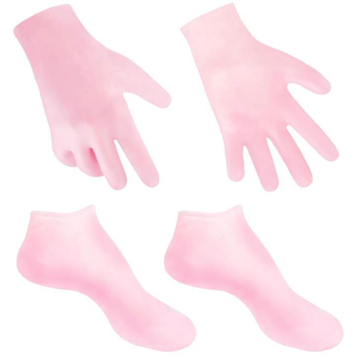 MoyRetty 2 Pairs Moisturizing Glove Socks Set, Silicone Gel Spa Socks for Dry Cracked Skin,Silicone Gel Heel Socks Anti Slip,for Foot Hand Softening, Calluses, Foot Care After Pedicure(Pink)