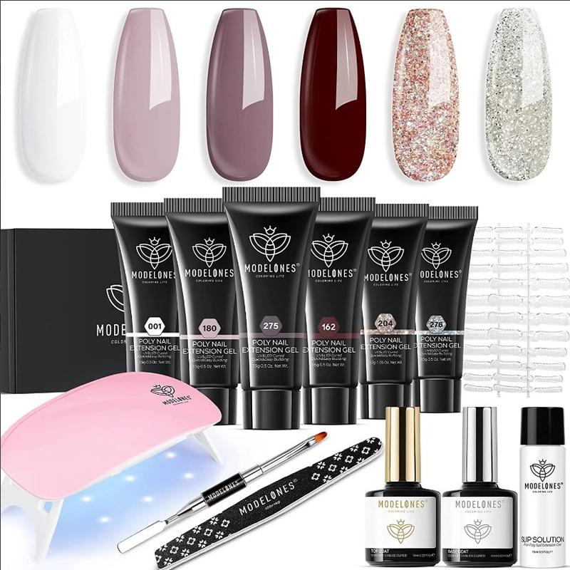 Modelones 13Pcs Poly Nail Extension Gel Kit, 6 Colors 15g Builder Extension Gel with Mini Nail Lamp brush Slip Solution Rhinestone Nail Manicure All-in-One Kit French Nail Beginner Kit birthday Gift nail care home DIY gel-x 2024 new gelx