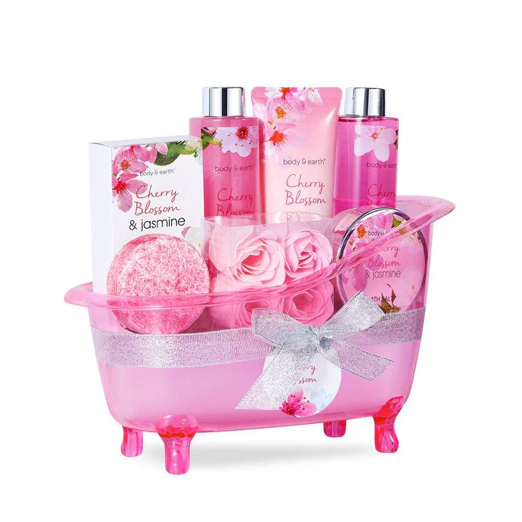 Cherry Blossom & Jasmine Scent Spa Bathtub Set Vitamin E Shower Kit Body Care Luxury Moisturizing Nourishing Comfort, Self Care Bundles, Bath and Body Care Products, Gifts For Her Girlfriend Wife Mom Fragrance Cosmetics Skin Care Moisture