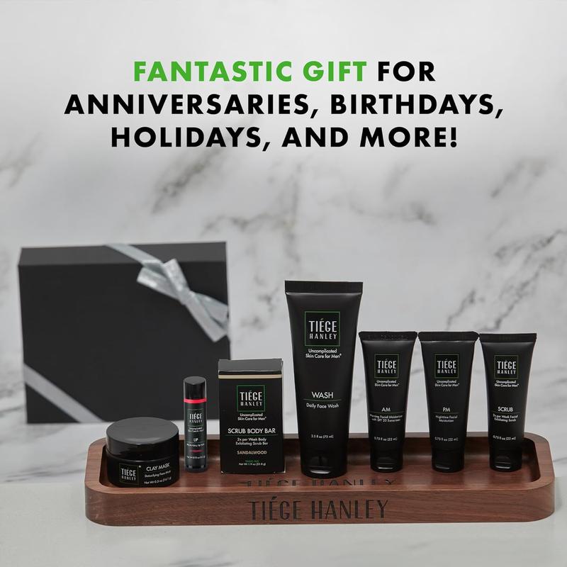 Tiege Hanley Mens Skin Care Gift Box Set, Silver - Men's Skincare Set Includes Daily Face Wash, Morning & Nighttime Facial Moisturizer, Face Clay Mask & Scrub, Body Scrub Bar, & Moisturizing Lip Balm