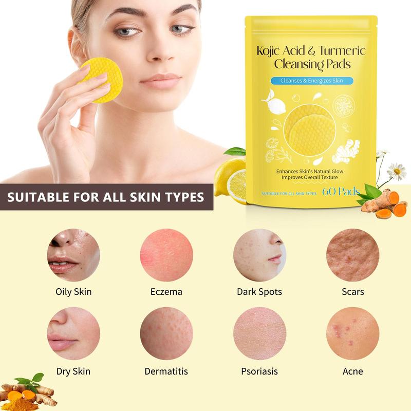 Kojic Acid & Turmeric Cleansing Pads, 60pcs pack Skin Looks Visibly Revitalized, Cleansing Pads for Face and Body