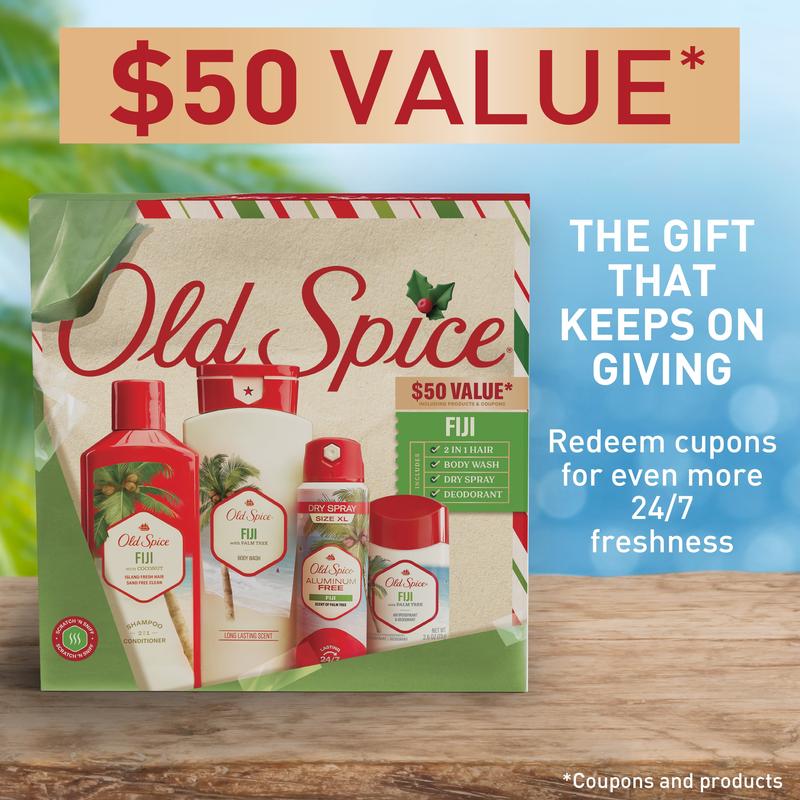 ($50 Value) Old Spice Holiday Gift Pack for Men, Fiji Scent, Body Wash, Antiperspirant and Deodorant, Aluminum Free Spray, 2 in 1 Shampoo